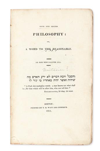 (JUDAICA.) [Horwitz, Jonathan.] Mock and Absurd Philosophy: or, a Word to the Reasonable.